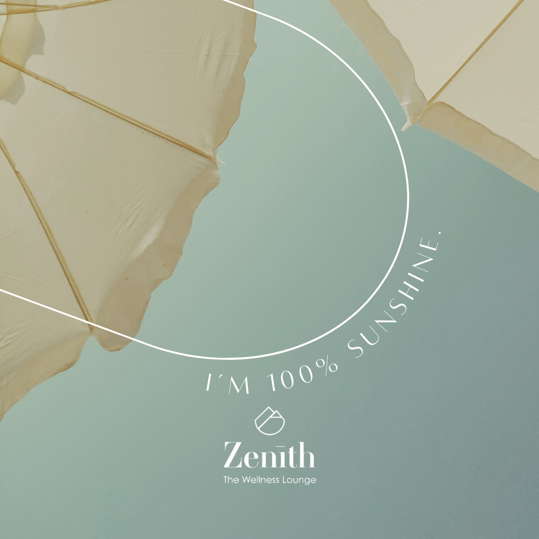 Two cream-colored umbrellas overlap against a pale blue sky, embodying Creative Visual Design. Curved text reads, "I'M 100% SUNSHINE." Below is the Zenith Wellness Lounge logo and text. The overall mood is calm and sunny. Opdee Digital Marketing