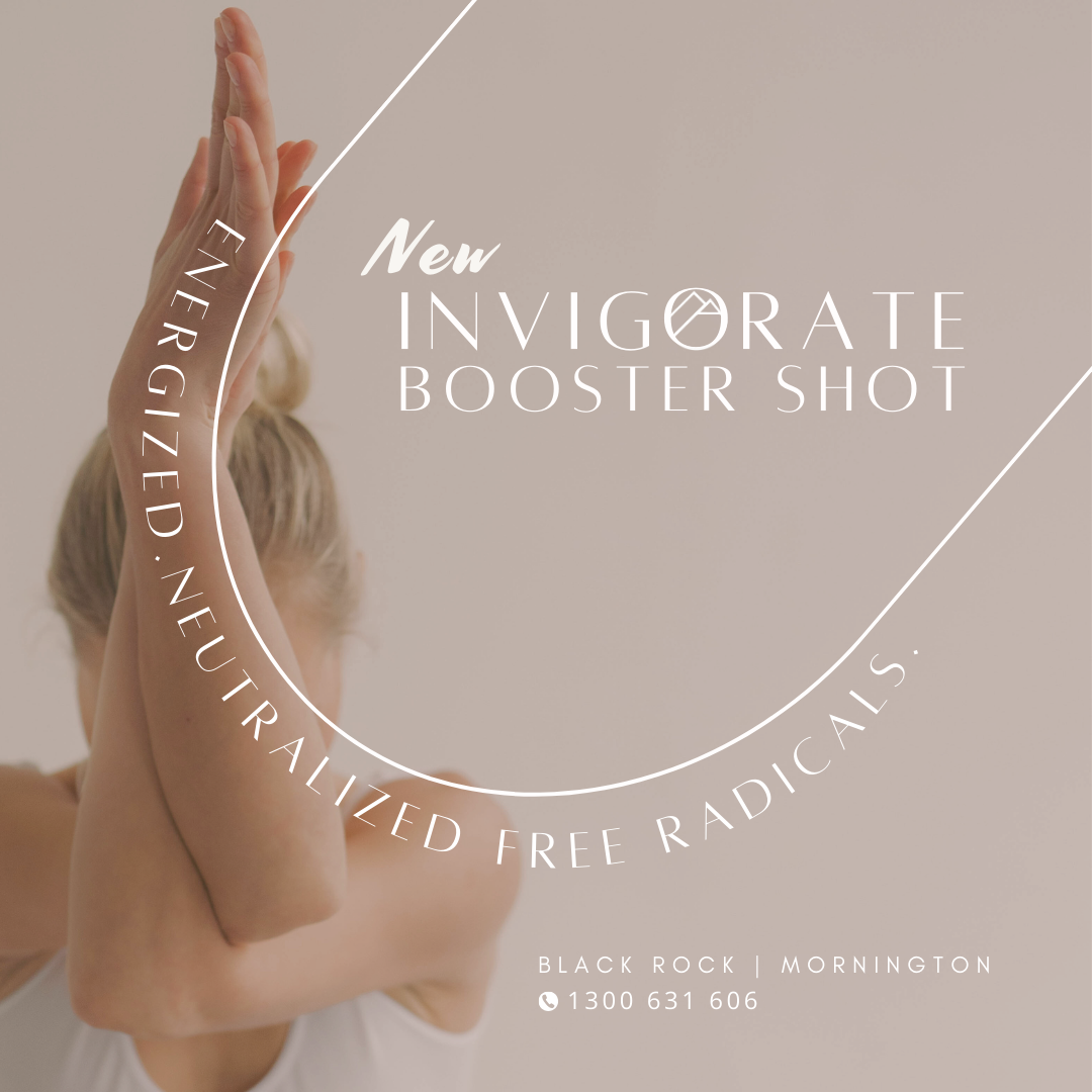 A person practicing yoga with arms crossed overhead is featured in an ad for a new Invigorate Booster Shot, with Creative Visual Design promoting energy and neutralizing free radicals. Text includes locations: Black Rock, Mornington, and a phone number. Opdee Digital Marketing