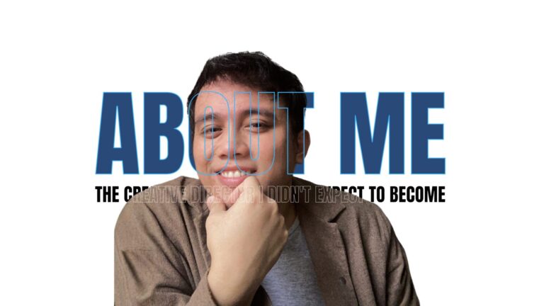 A person smiles while resting their chin on their hand. Behind them, large blue text reads “ABOUT ME” and black text below says “THE CREATIVE DIRECTOR I DIDN’T EXPECT TO BECOME”—highlighting an unexpected career in a creative field. Opdee Digital Marketing