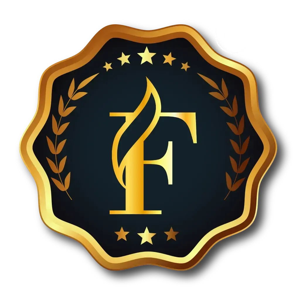 A gold and black emblem featuring a large, stylized letter "F" with a flame design, laurel branches on both sides, and stars above and below. A registered trademark symbol is in the top right corner. Opdee Digital Marketing