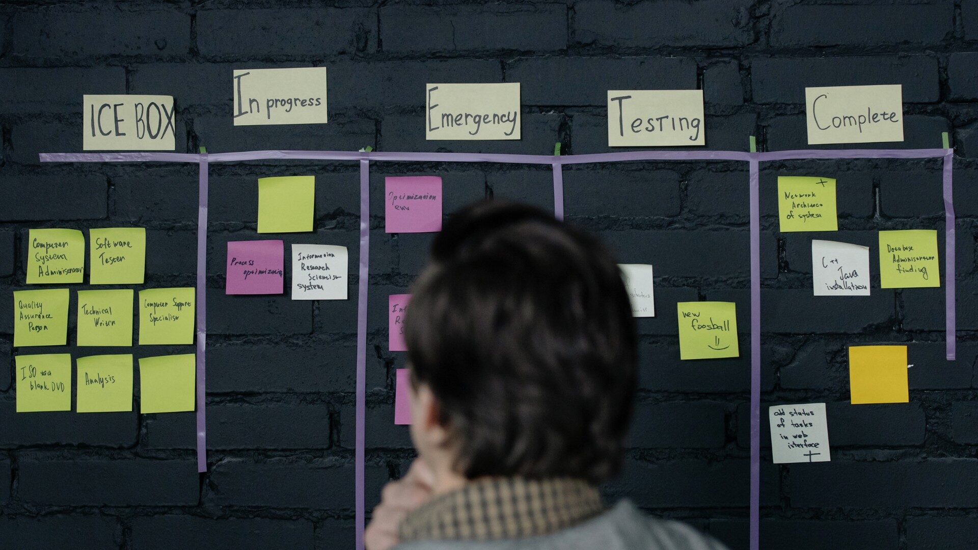A person looks at a wall with columns labeled ICE BOX, In Progress, Emergency, Testing, and Complete—each filled with sticky notes that help visualize process management for tracking project tasks. Opdee Digital Marketing