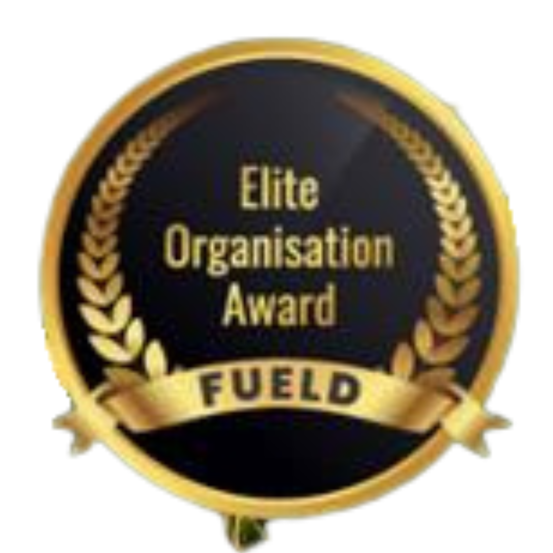 A round gold and black badge with laurel leaves, the text "Elite Organisation Award" in the center, and a gold ribbon at the bottom with the word "FUELD". Opdee Digital Marketing