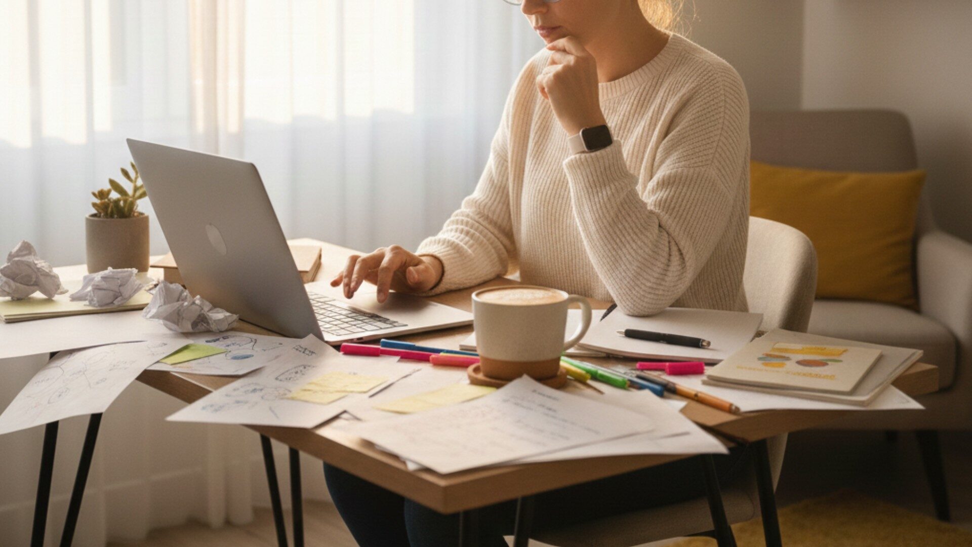 A person sits at a desk cluttered with papers, pens, a coffee cup, and a laptop, appearing focused and thoughtful while working on digital marketing tasks in a cozy, sunlit room. Opdee Digital Marketing